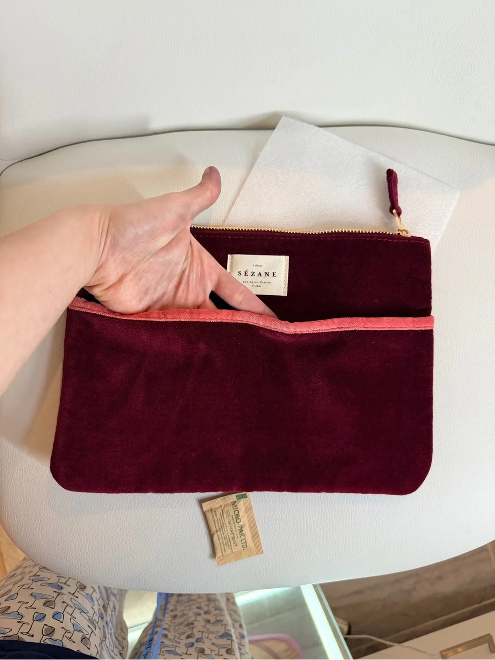 NWT Sézane Burgundy Cotton Velvet Zip Flat Pouch Makeup Bag with Pink Trim